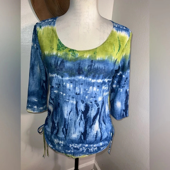 Dress barn, MP,textured boho tie-dye, 3/4 sleeves drawstring with tie sides top - Picture 1 of 6